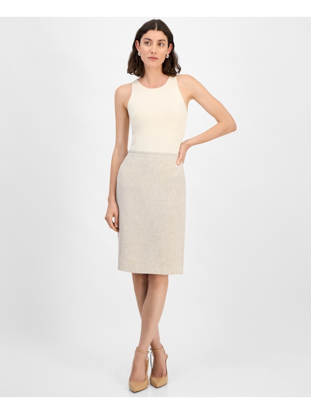 Tahari ASL Womens Boucle Short Pencil Sk KhakiIvory 10